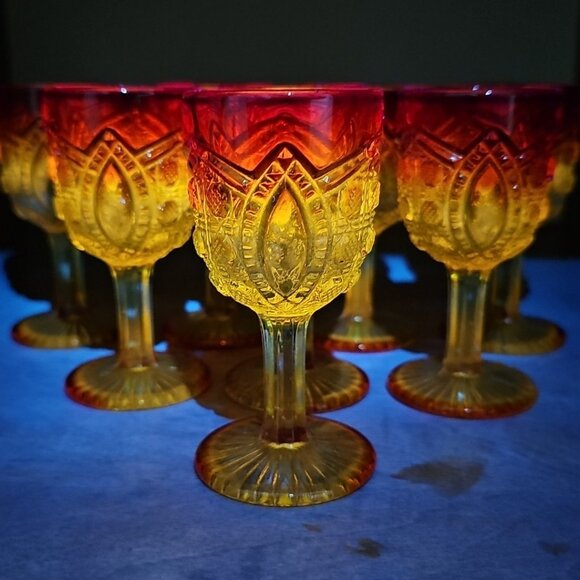 8pc Set Cadmium Amberina Cordial MCM Vintage Water Wine Glasses Rare WOW! - Picture 5 of 16